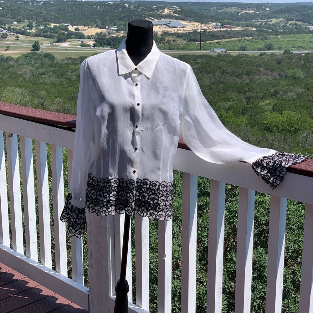 Plaza South‎ Beige Silk Button Shirt Embroidery Trim